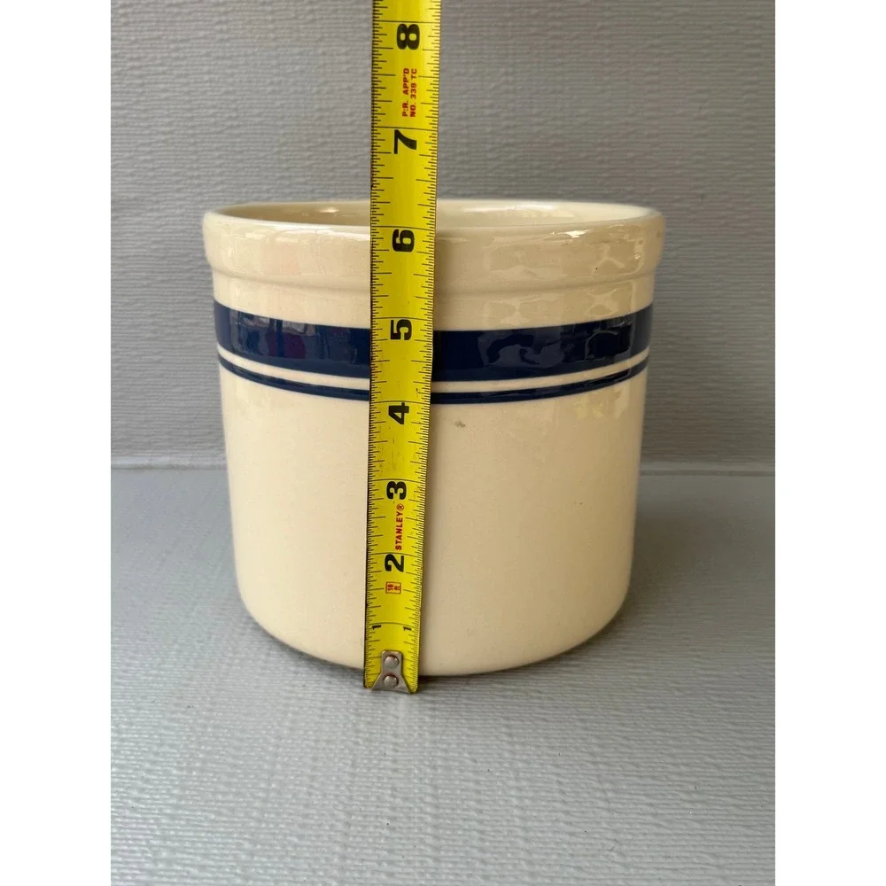 Stoneware Crock Blue Striped Cream Utensil Holder FP USA Roseville Ohio 2 Qt